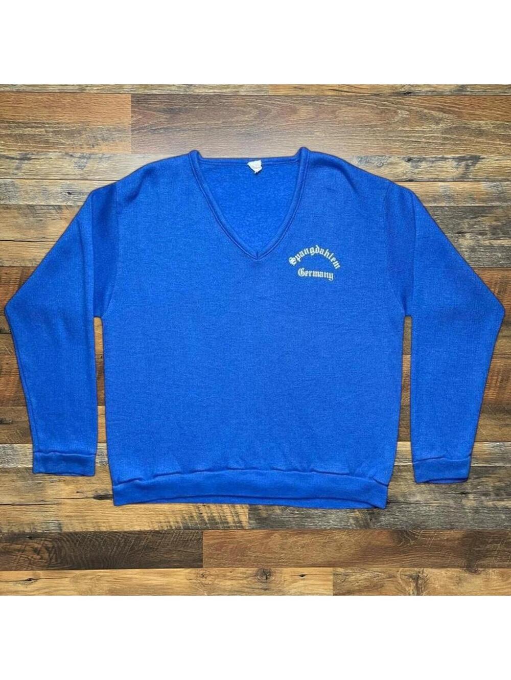 Vintage 70s Spangdahlem Germany V Neck Blue Sweater Pullover Size Medium